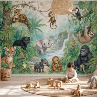 Jungle Animal Wallpaper Mural Kids Room Neutral Nursery Wall Decor Custom Peel and Stick