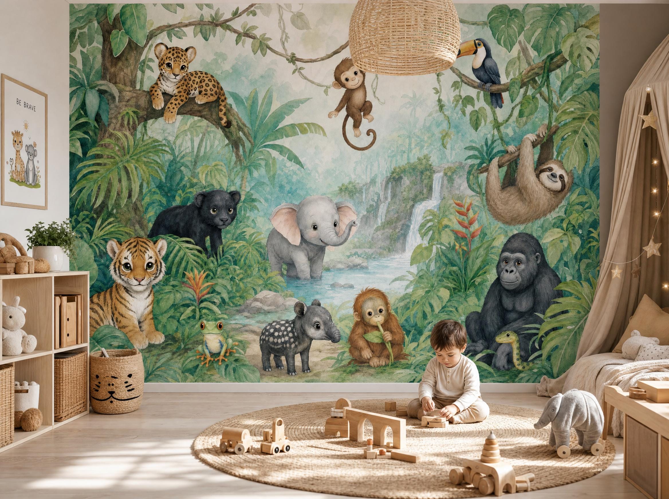 Jungle Animal Wallpaper Mural Kids Room Neutral Nursery Wall Decor Custom Peel and Stick