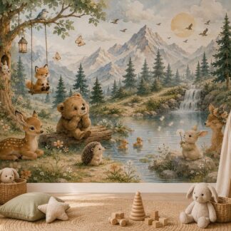 Woodland Animals Wallpaper Peel and Stick Nursery Mural Forest Trees Kids Wall Decor Watercolor custom made