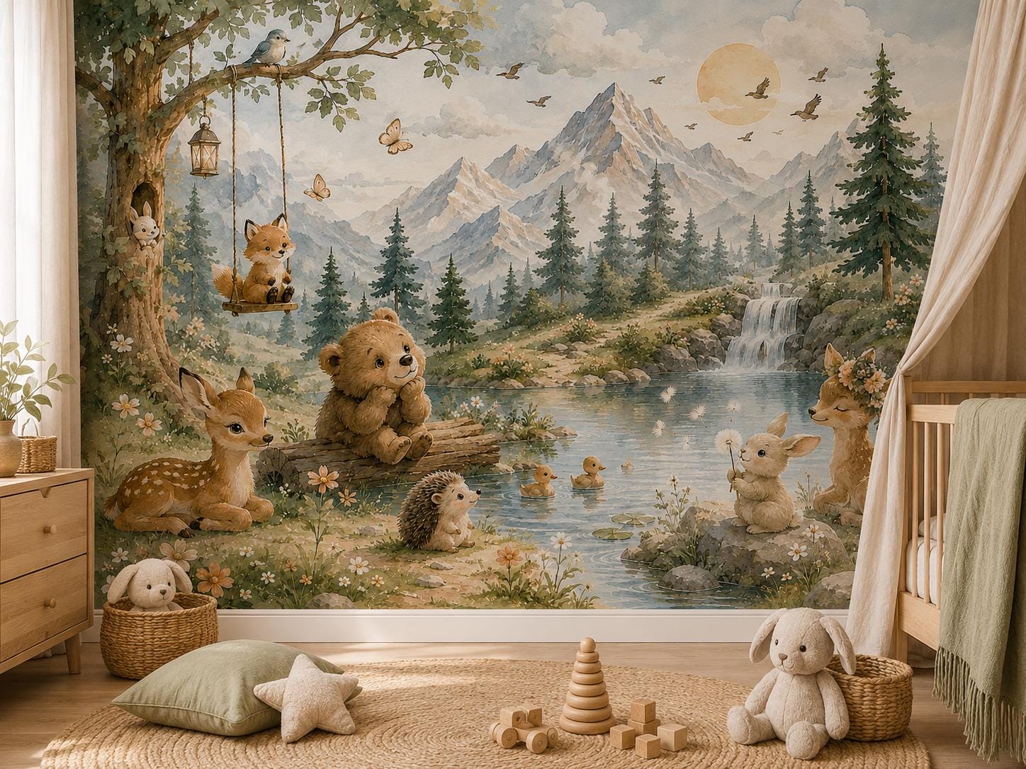Woodland Animals Wallpaper Peel and Stick Nursery Mural Forest Trees Kids Wall Decor Watercolor custom made