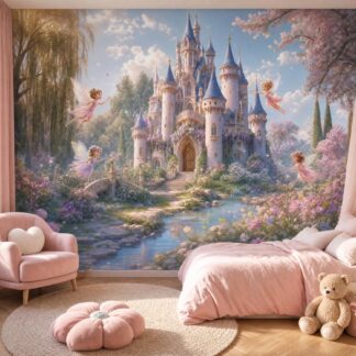 Fairies Castle Wallpaper Custom Kids Room Mural Pink Blossom Fantasy Nursery Wall Decor