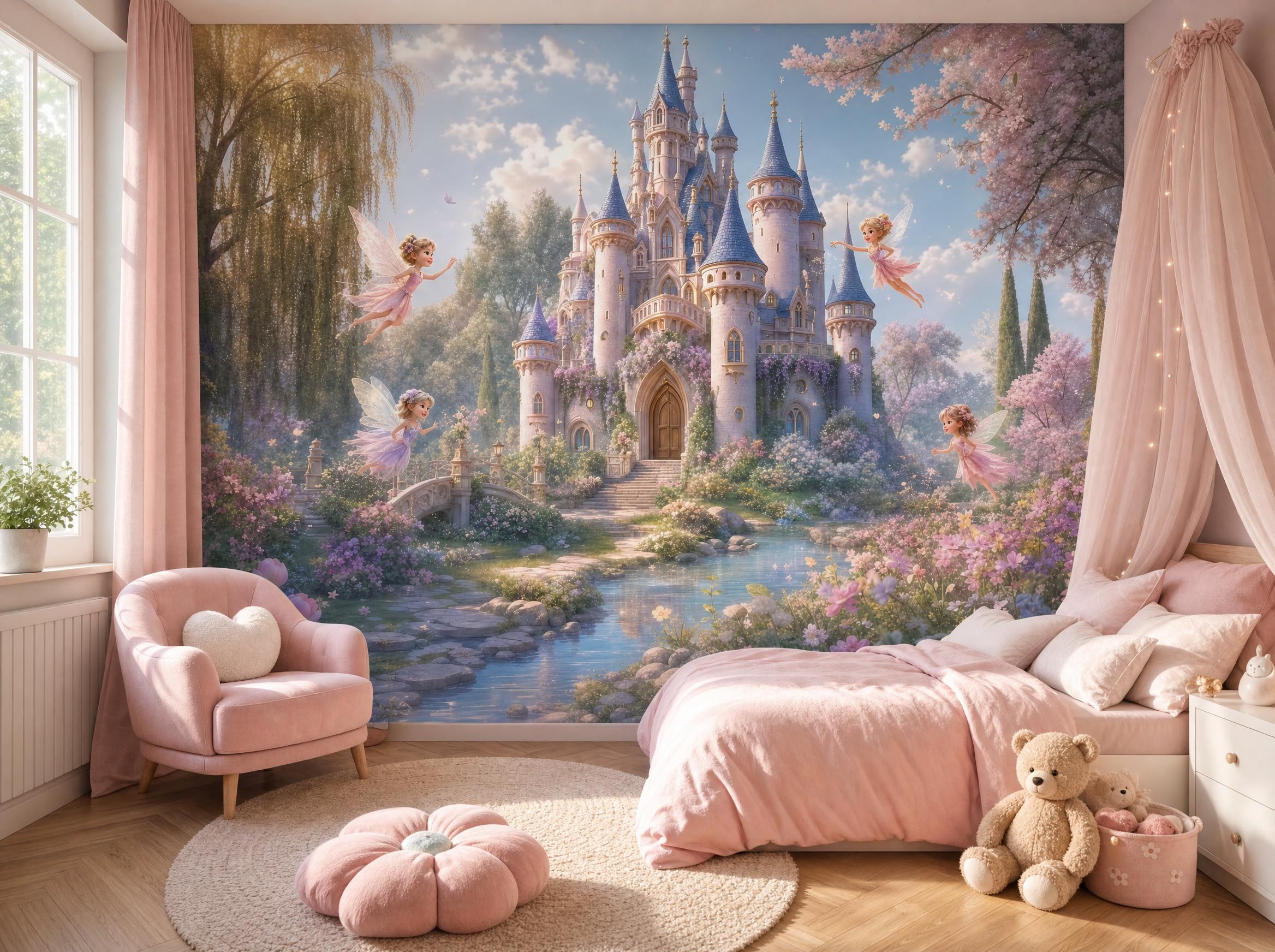 Fairies Castle Wallpaper Custom Kids Room Mural Pink Blossom Fantasy Nursery Wall Decor