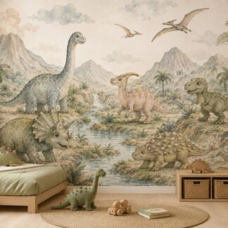 Watercolor Dinosaur Wallpaper, Custom Nursery Mural, Peel and Stick Non Woven Kids Decor