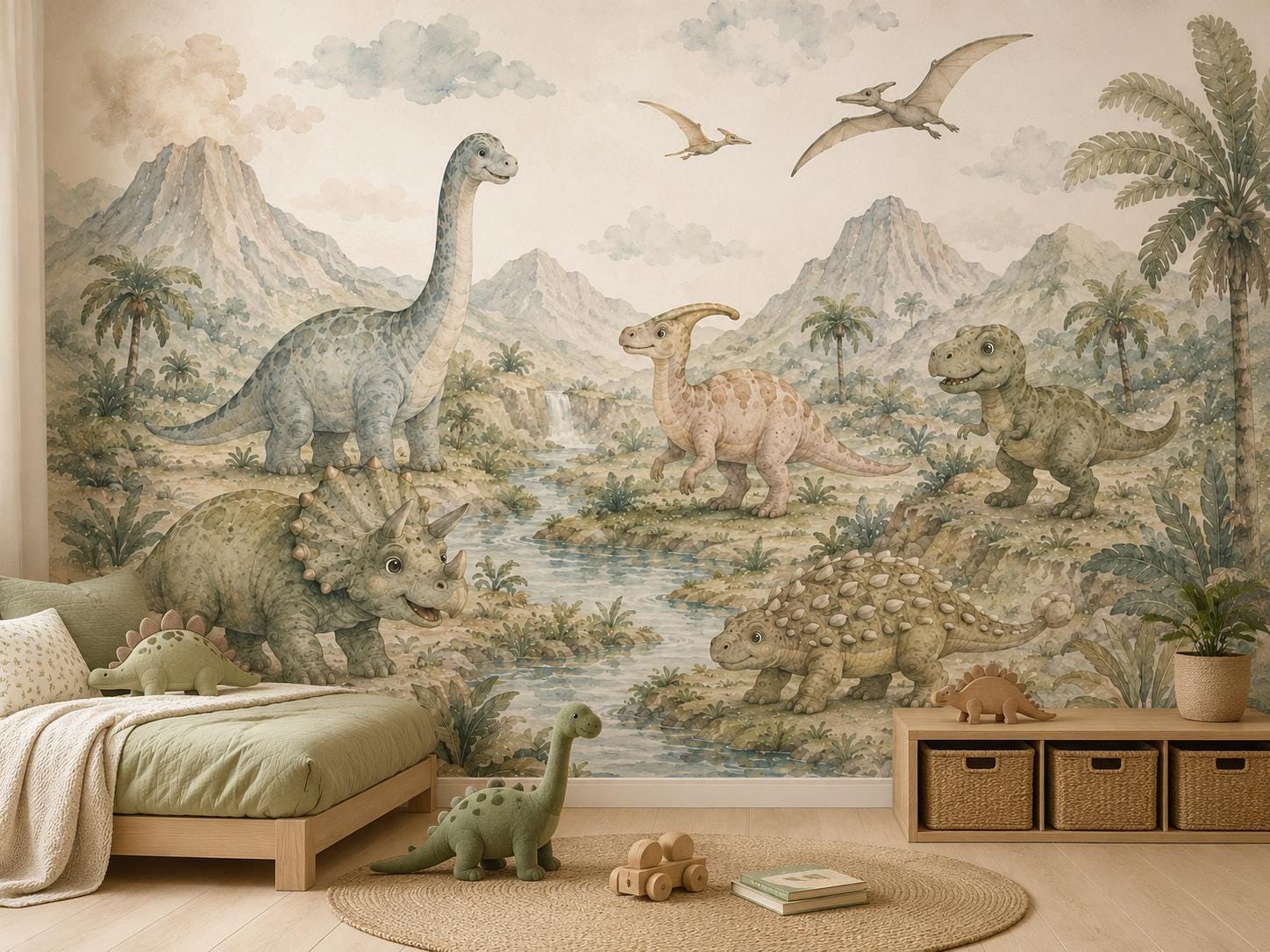 Watercolor Dinosaur Wallpaper, Custom Nursery Mural, Peel and Stick Non Woven Kids Decor